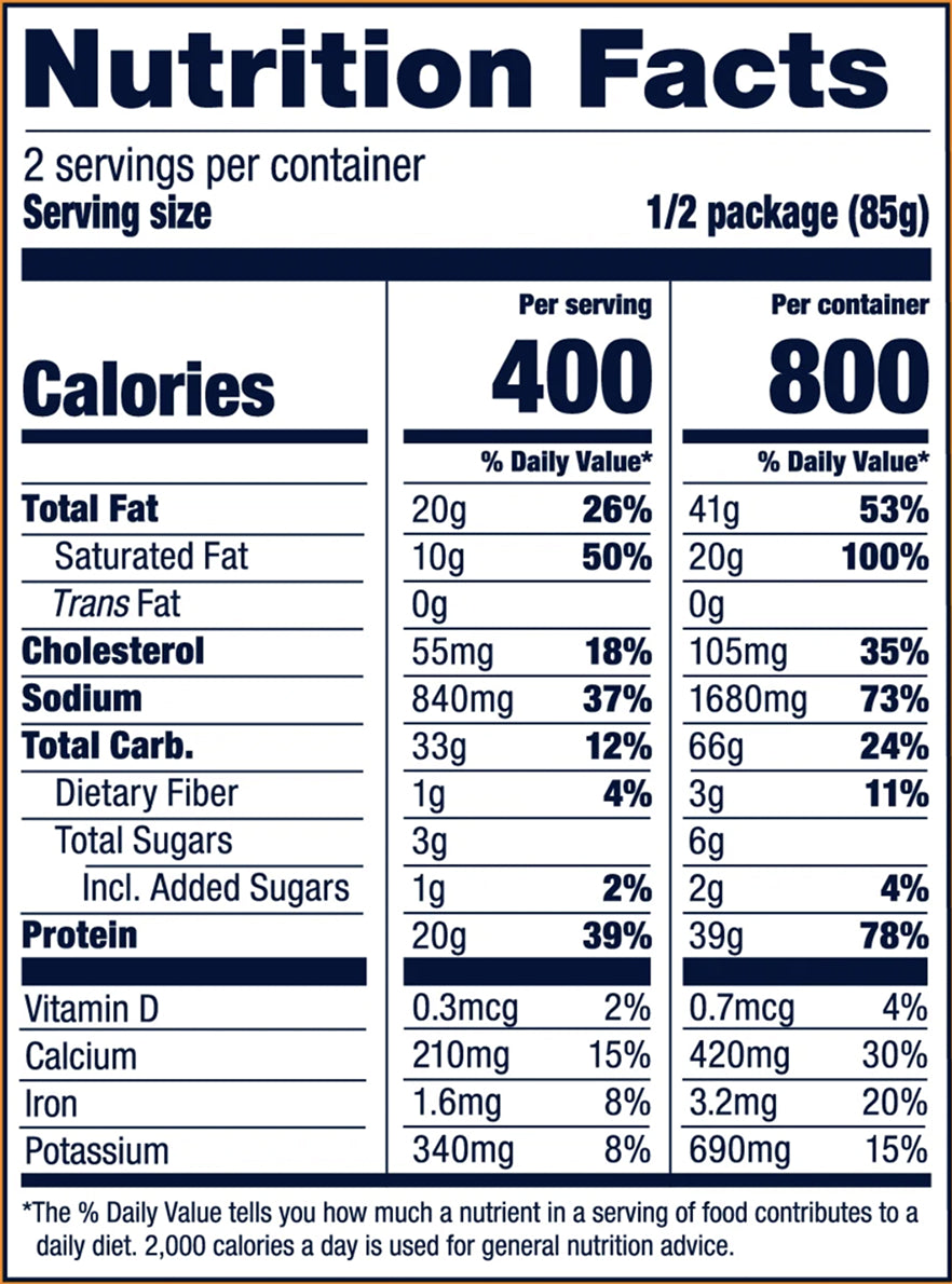 Nutrition facts label for a food product with serving size, calories, and nutritional content per serving.