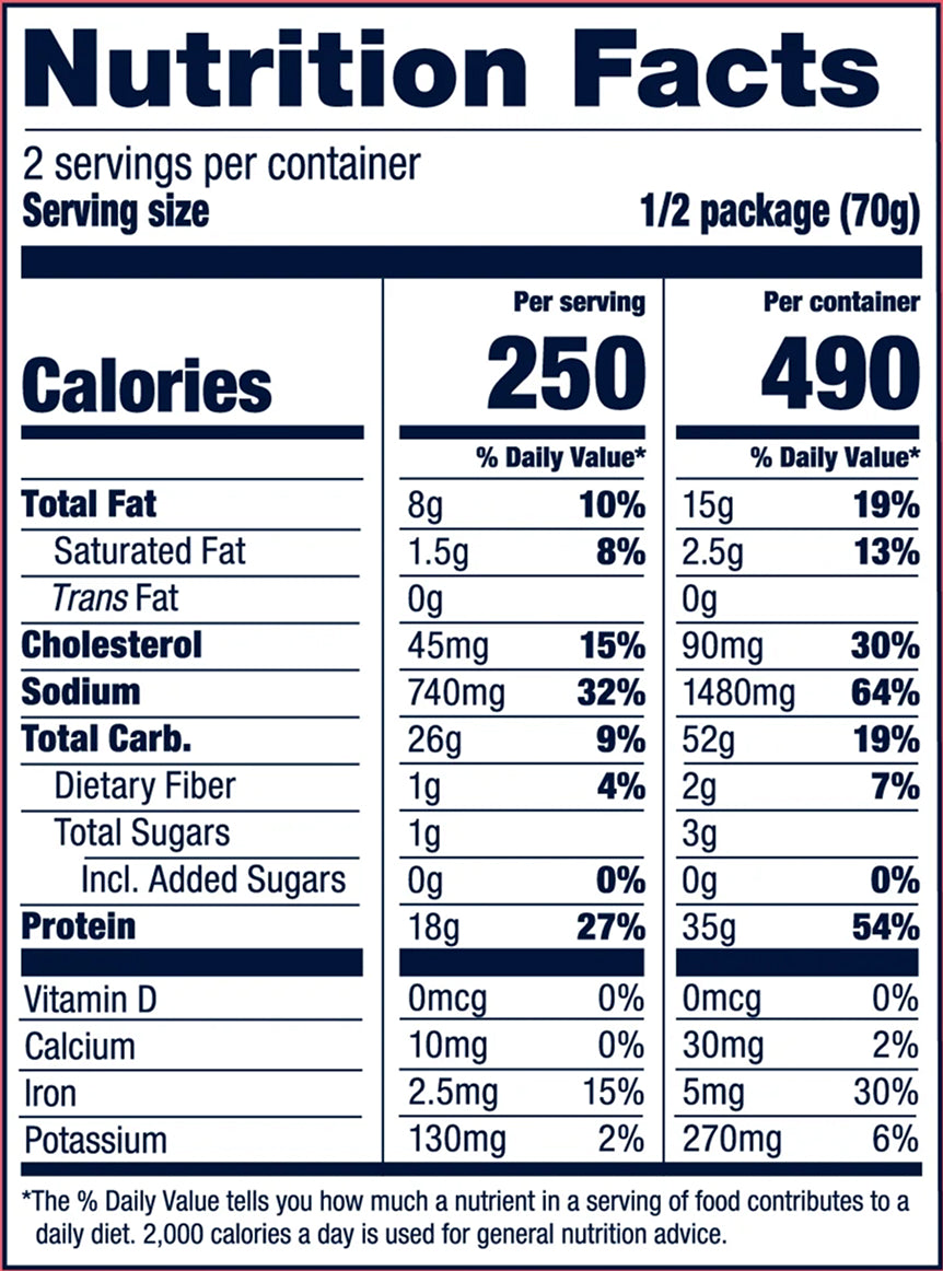 Nutrition facts label for a food product with detailed calorie count and nutritional breakdown.
