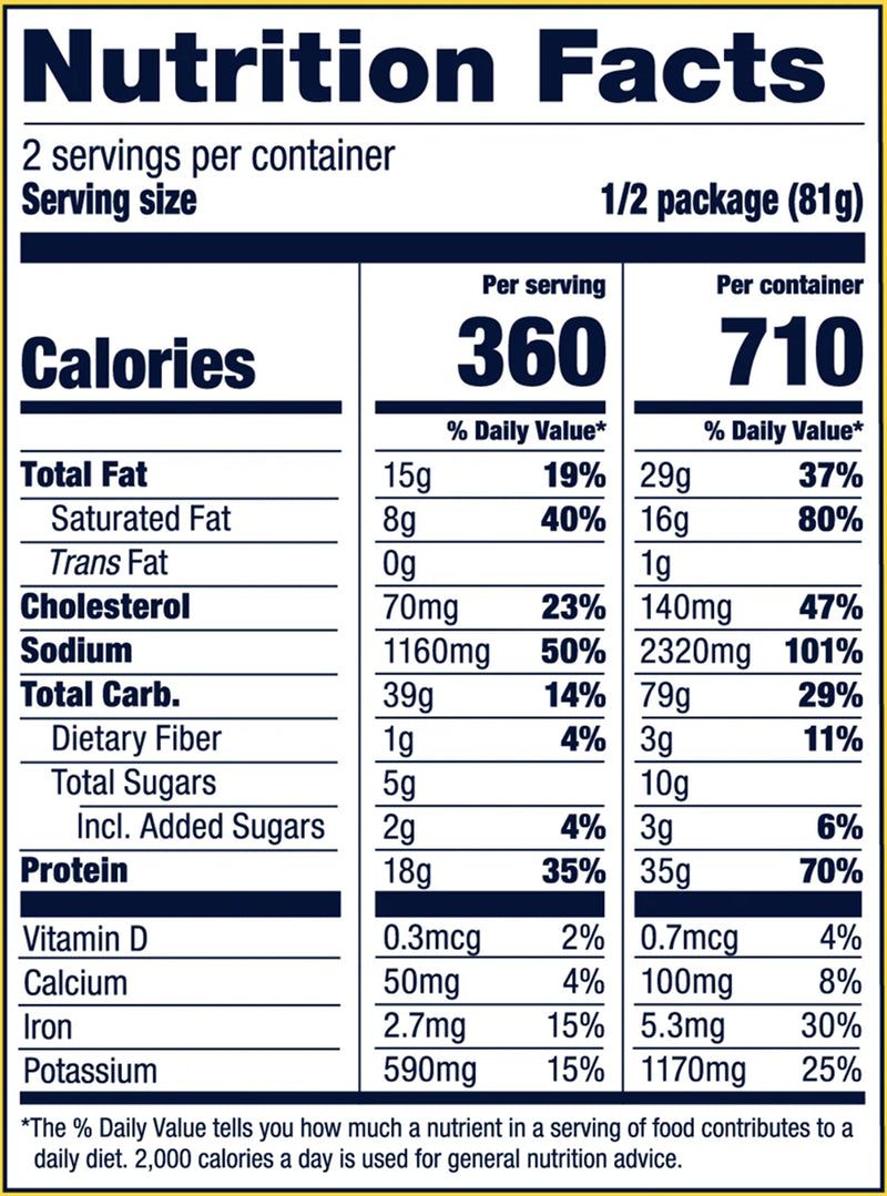 Nutrition facts label for a food product with serving size, calories, and nutritional content per serving and per container.