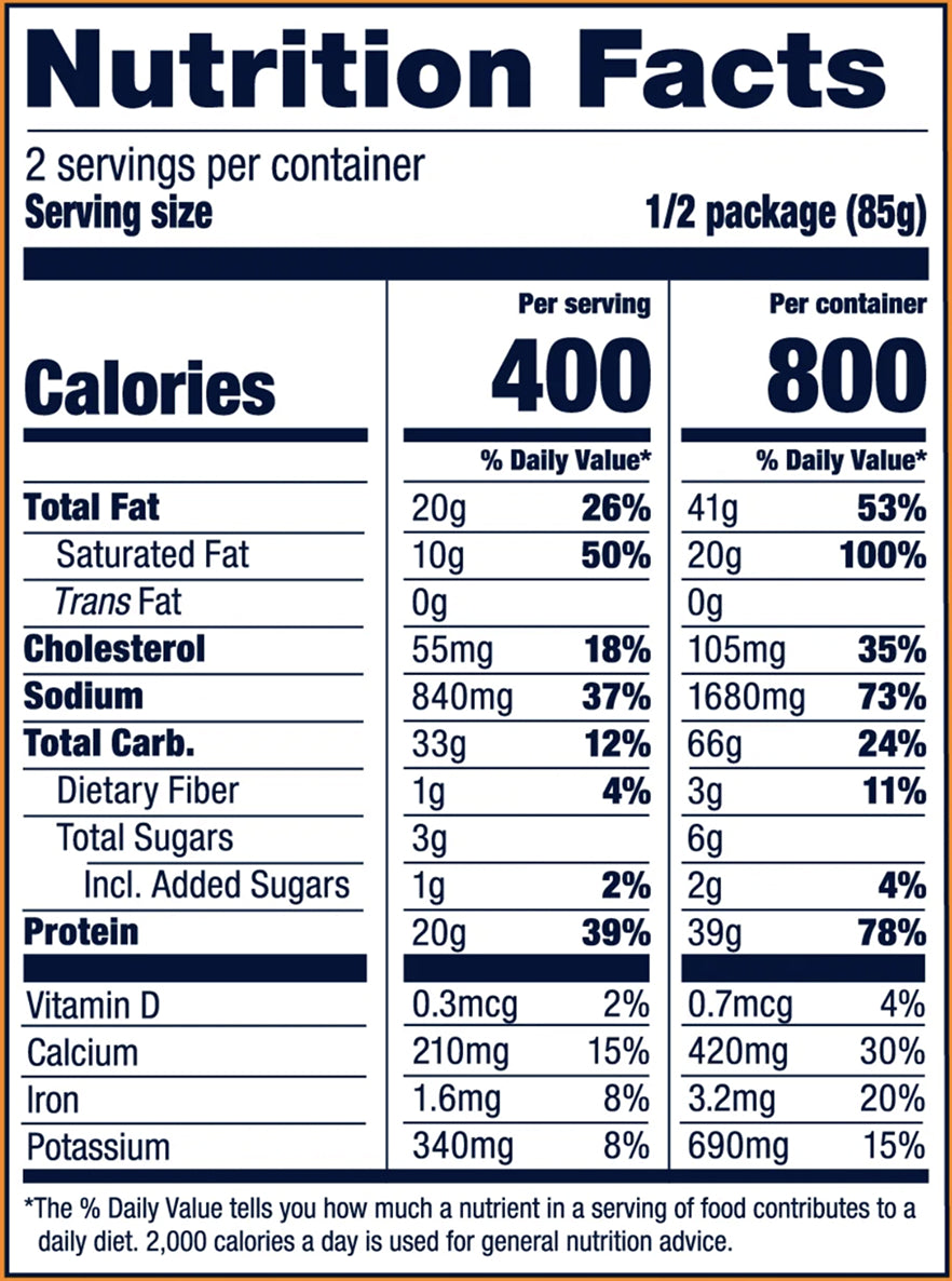 Nutrition facts label for a food product with serving size, calories, and nutritional content per serving.