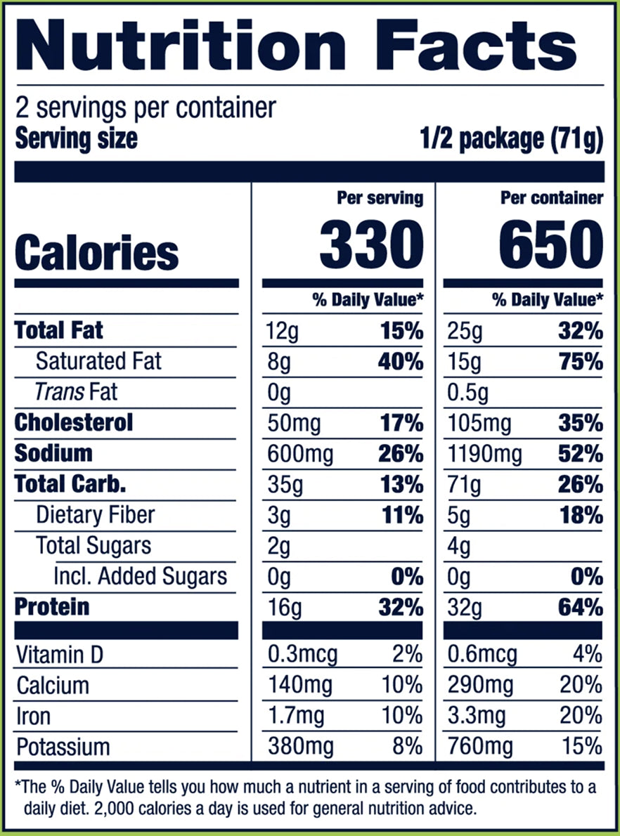 Nutrition facts label for a food product with serving size, calories, and nutritional content per serving.